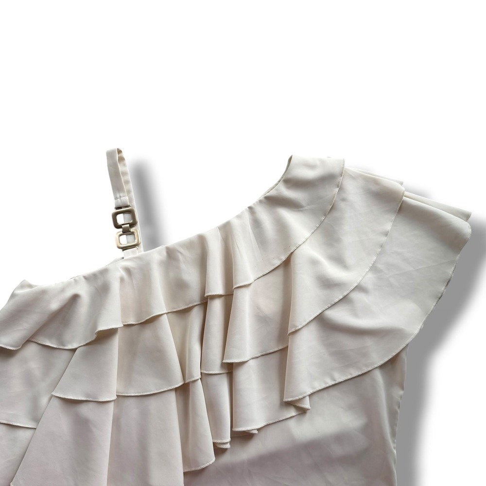 Leasty Women's XL Cream One Shoulder Ruffle Gold Hardware Tiered Blouse Coquette